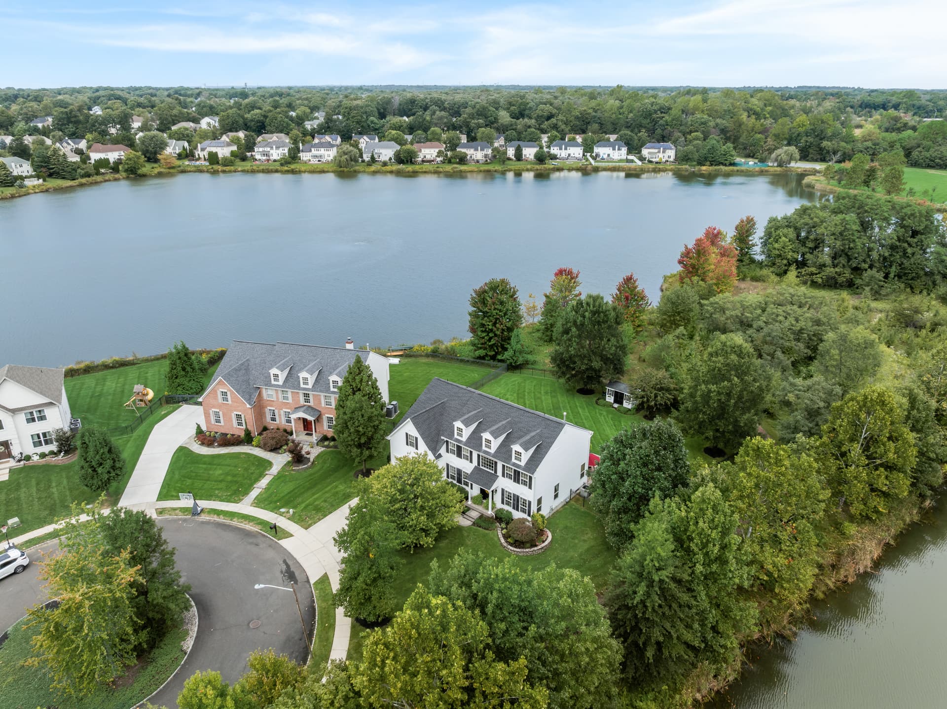 Aerial of lakefront homes backing onto the water, Hainesport, NJ
