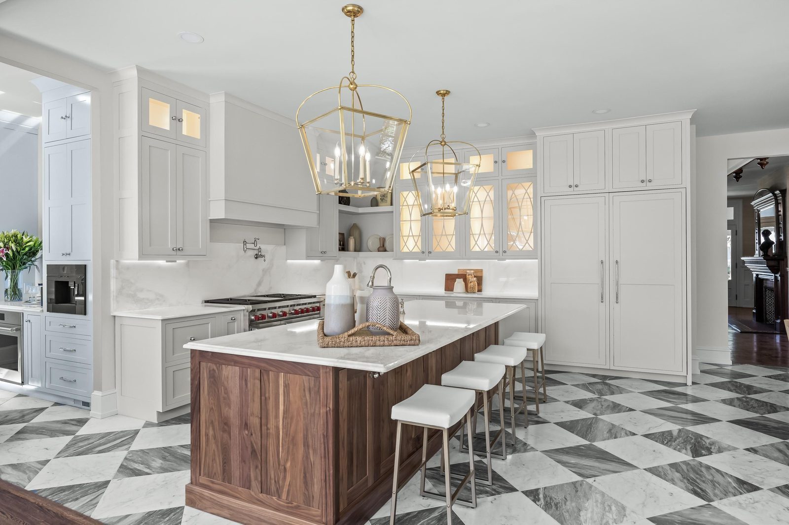 Chef's kitchen with marble island and checkerboard floor, Moorestown NJ